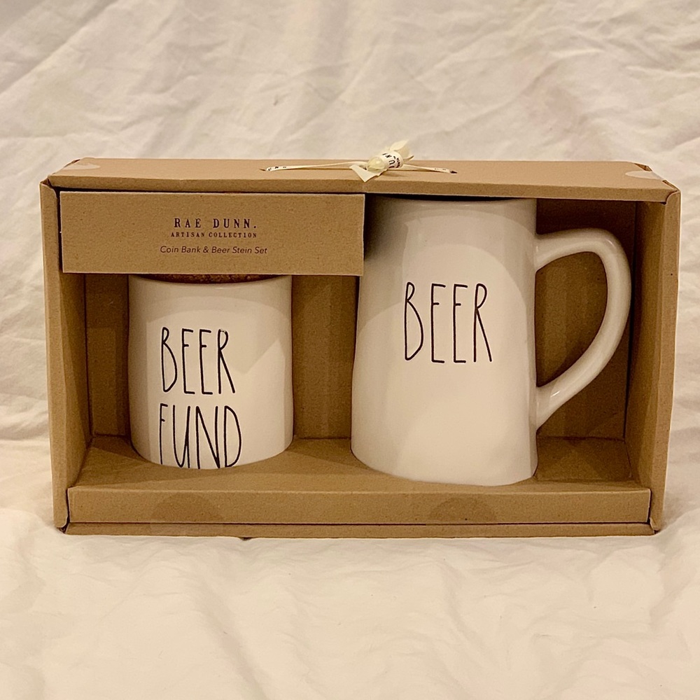 Rae Dunn “Beer Fund” Coin Bank & Beer Stein Set